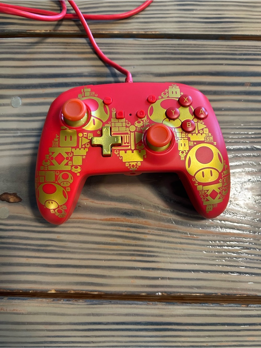 Red and Gold Wired Gaming Controller with Icon Accents